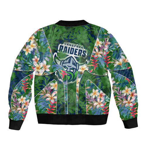 Canberra Raiders Bomber Jacket Tropical Hibiscus Floral Pattern With Green And Navy Accents