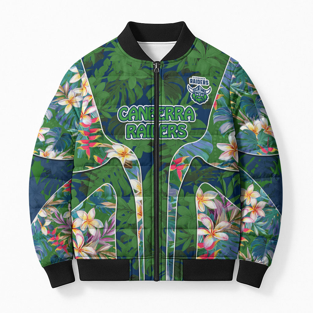 Canberra Raiders Bomber Puffer Jacket Tropical Hibiscus Floral Pattern With Green And Navy Accents