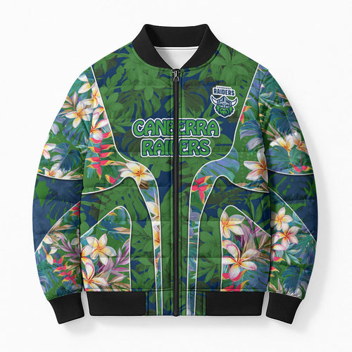 Canberra Raiders Bomber Puffer Jacket Tropical Hibiscus Floral Pattern With Green And Navy Accents