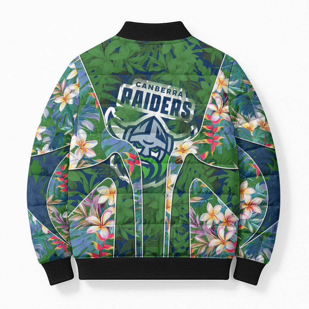 Canberra Raiders Bomber Puffer Jacket Tropical Hibiscus Floral Pattern With Green And Navy Accents