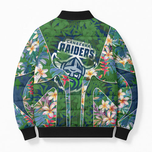 Canberra Raiders Bomber Puffer Jacket Tropical Hibiscus Floral Pattern With Green And Navy Accents