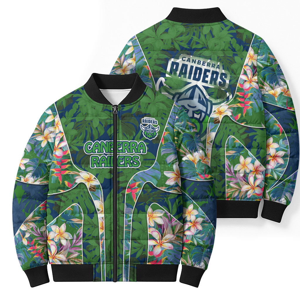 Canberra Raiders Bomber Puffer Jacket Tropical Hibiscus Floral Pattern With Green And Navy Accents