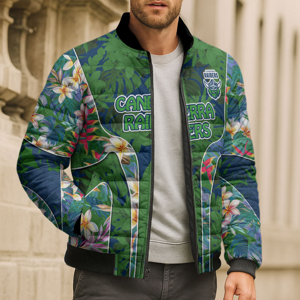 Canberra Raiders Bomber Puffer Jacket Tropical Hibiscus Floral Pattern With Green And Navy Accents