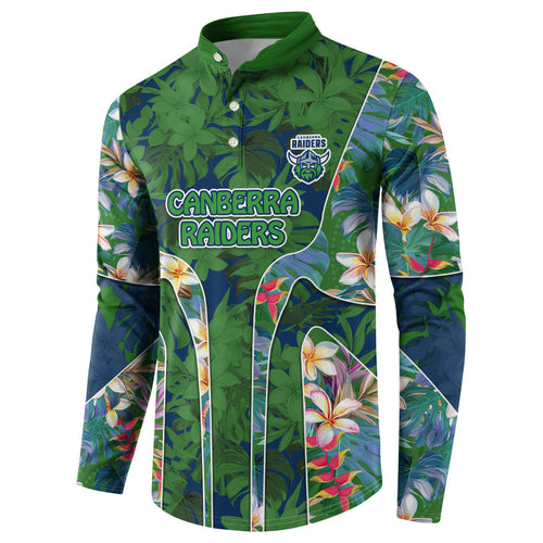 Canberra Raiders Button Sweatshirt Tropical Hibiscus Floral Pattern With Green And Navy Accents