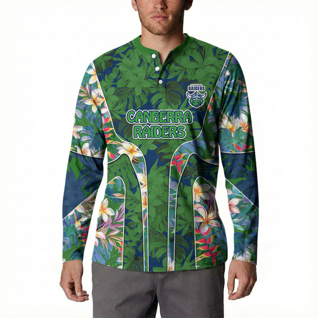 Canberra Raiders Button Sweatshirt Tropical Hibiscus Floral Pattern With Green And Navy Accents