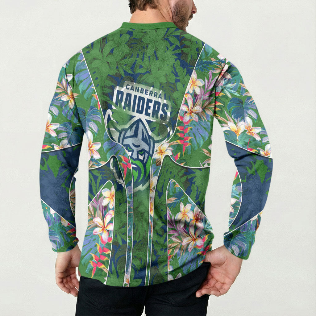 Canberra Raiders Button Sweatshirt Tropical Hibiscus Floral Pattern With Green And Navy Accents