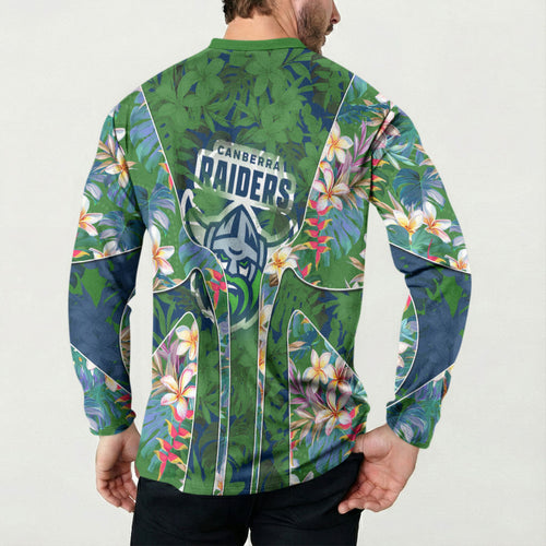 Canberra Raiders Button Sweatshirt Tropical Hibiscus Floral Pattern With Green And Navy Accents