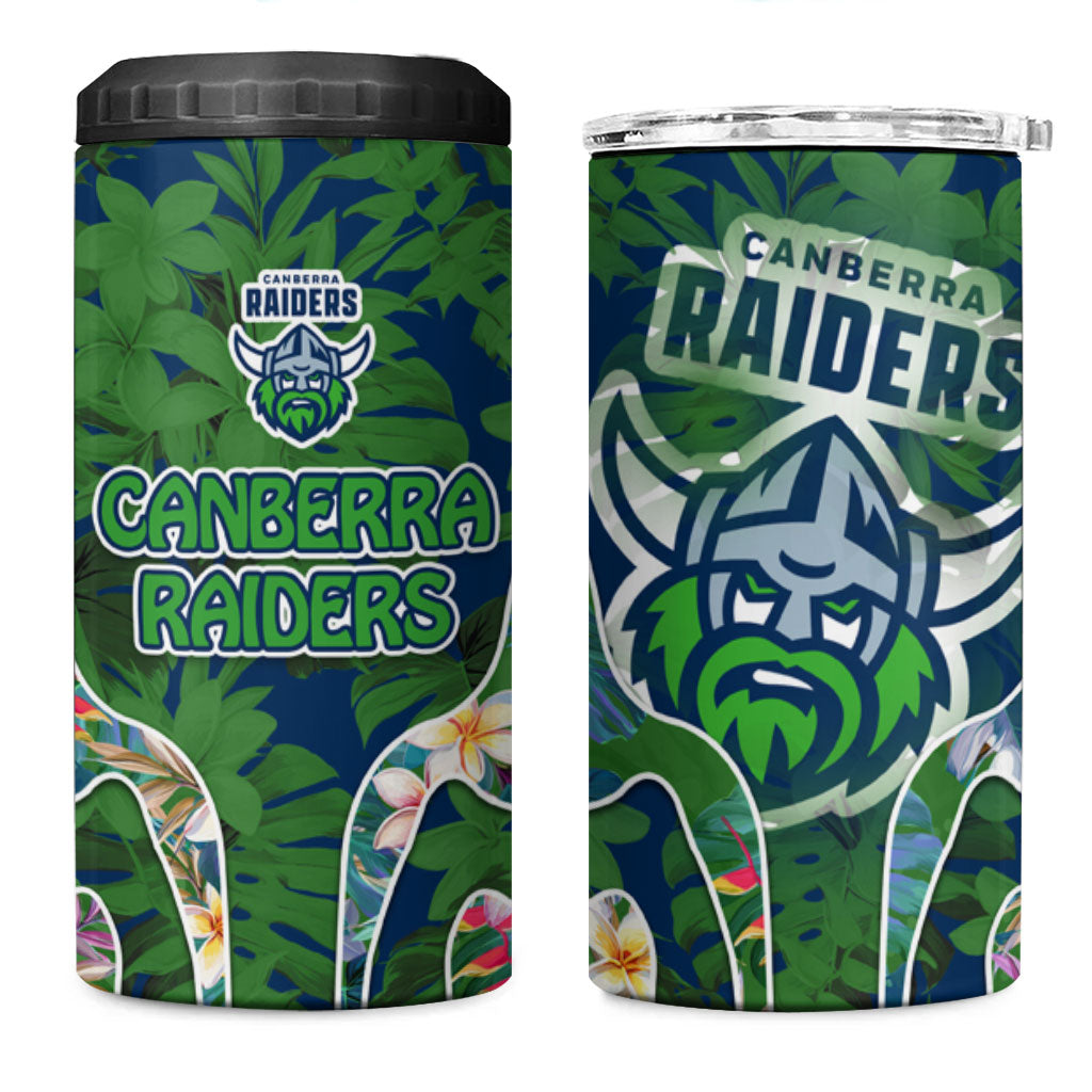Canberra Raiders 4 in 1 Can Cooler Tumbler Tropical Hibiscus Floral Pattern With Green And Navy Accents