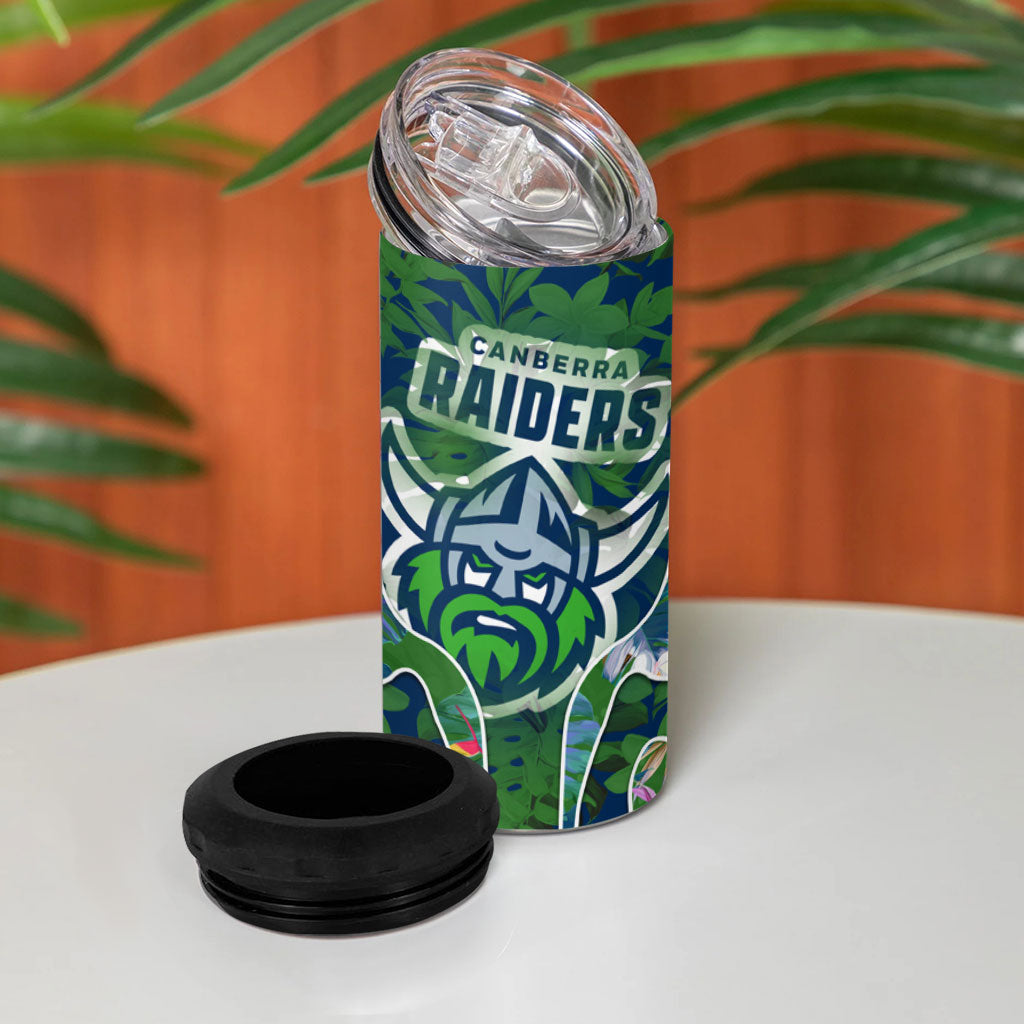 Canberra Raiders 4 in 1 Can Cooler Tumbler Tropical Hibiscus Floral Pattern With Green And Navy Accents