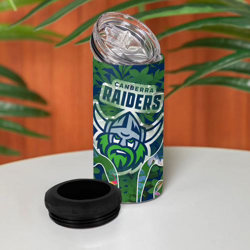 Canberra Raiders 4 in 1 Can Cooler Tumbler Tropical Hibiscus Floral Pattern With Green And Navy Accents