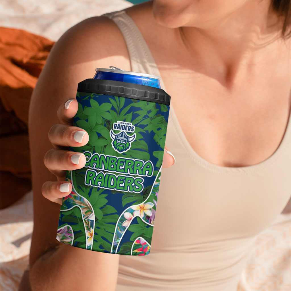 Canberra Raiders 4 in 1 Can Cooler Tumbler Tropical Hibiscus Floral Pattern With Green And Navy Accents
