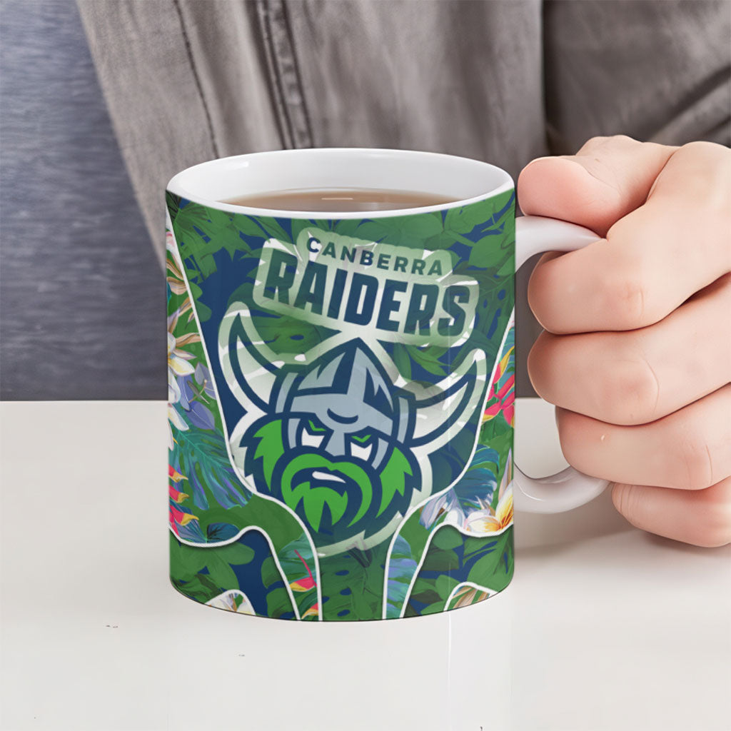 Canberra Raiders Ceramic Mug Tropical Hibiscus Floral Pattern With Green And Navy Accents
