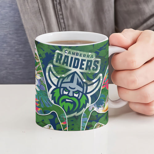 Canberra Raiders Ceramic Mug Tropical Hibiscus Floral Pattern With Green And Navy Accents
