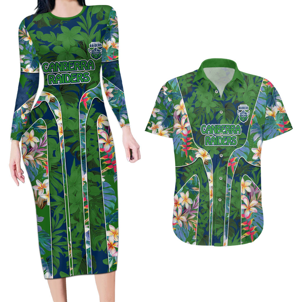 Canberra Raiders Couples Matching Long Sleeve Bodycon Dress and Hawaiian Shirt Tropical Hibiscus Floral Pattern With Green And Navy Accents