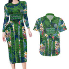 Canberra Raiders Couples Matching Long Sleeve Bodycon Dress and Hawaiian Shirt Tropical Hibiscus Floral Pattern With Green And Navy Accents