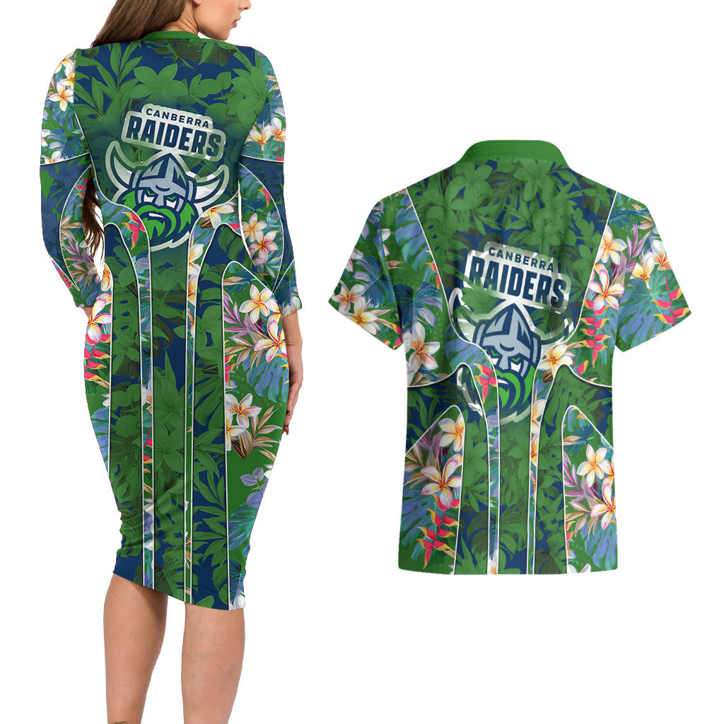 Canberra Raiders Couples Matching Long Sleeve Bodycon Dress and Hawaiian Shirt Tropical Hibiscus Floral Pattern With Green And Navy Accents