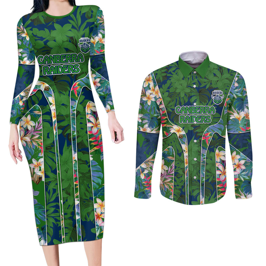 Canberra Raiders Couples Matching Long Sleeve Bodycon Dress and Long Sleeve Button Shirt Tropical Hibiscus Floral Pattern With Green And Navy Accents