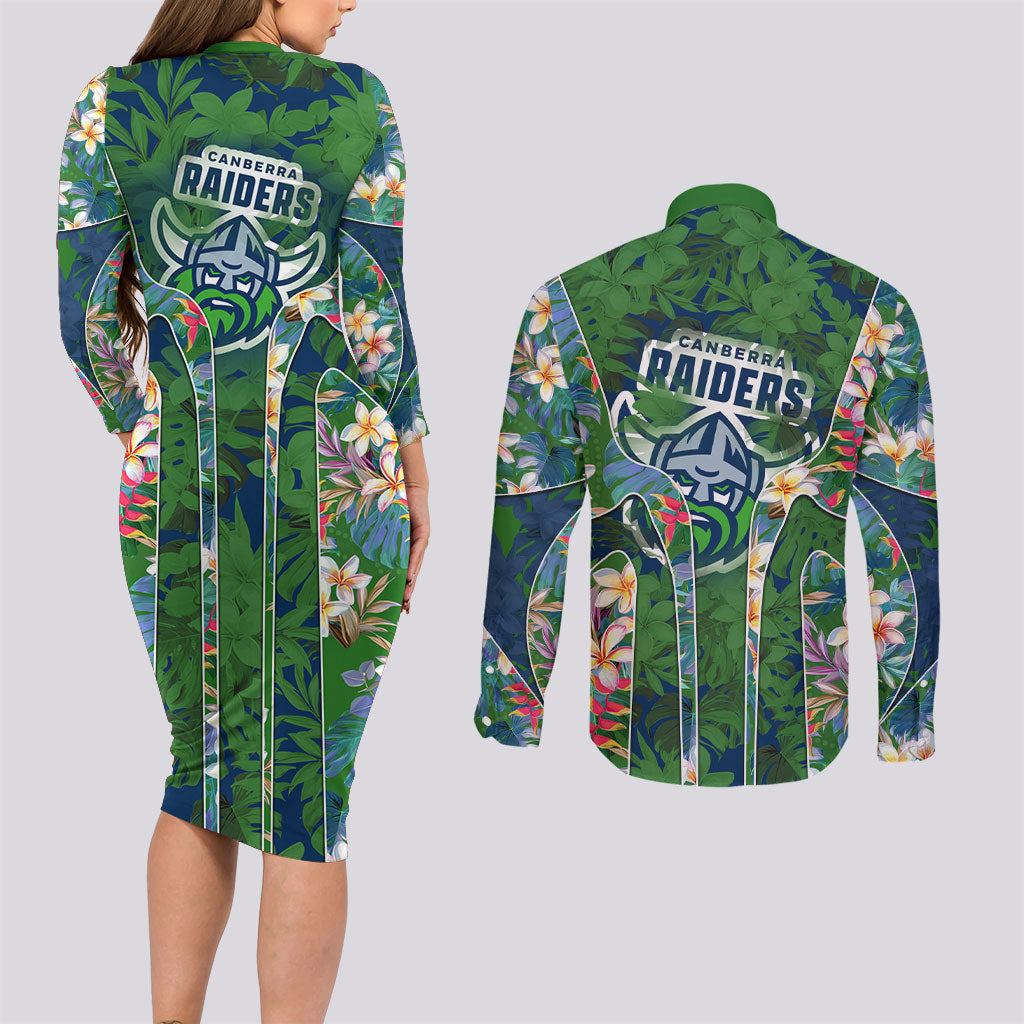 Canberra Raiders Couples Matching Long Sleeve Bodycon Dress and Long Sleeve Button Shirt Tropical Hibiscus Floral Pattern With Green And Navy Accents