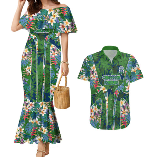 Canberra Raiders Couples Matching Mermaid Dress and Hawaiian Shirt Tropical Hibiscus Floral Pattern With Green And Navy Accents