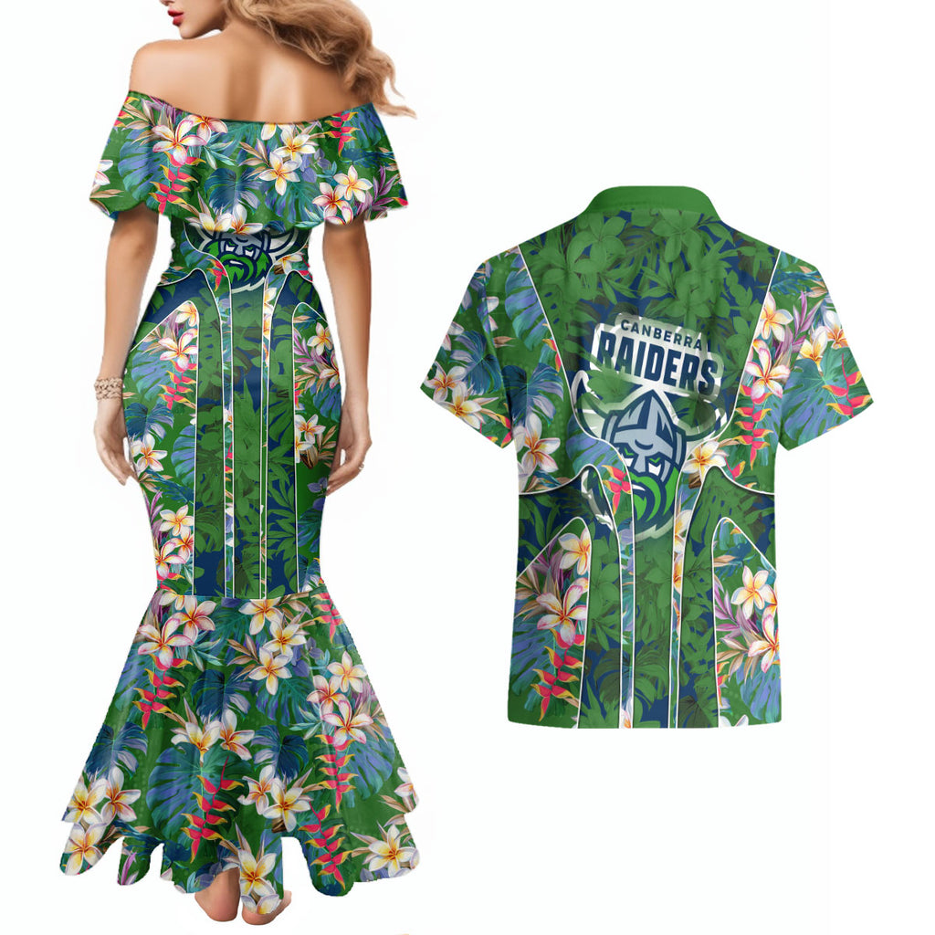Canberra Raiders Couples Matching Mermaid Dress and Hawaiian Shirt Tropical Hibiscus Floral Pattern With Green And Navy Accents