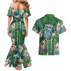 Canberra Raiders Couples Matching Mermaid Dress and Hawaiian Shirt Tropical Hibiscus Floral Pattern With Green And Navy Accents