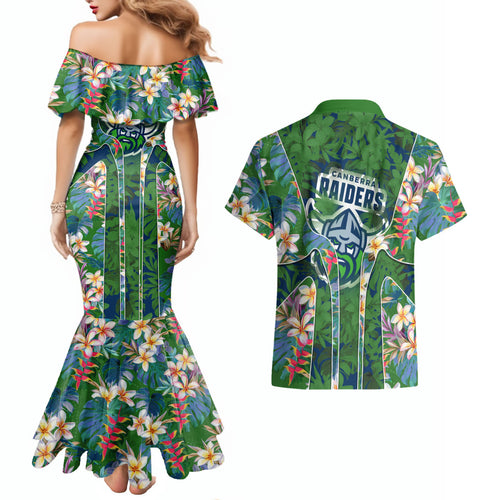 Canberra Raiders Couples Matching Mermaid Dress and Hawaiian Shirt Tropical Hibiscus Floral Pattern With Green And Navy Accents