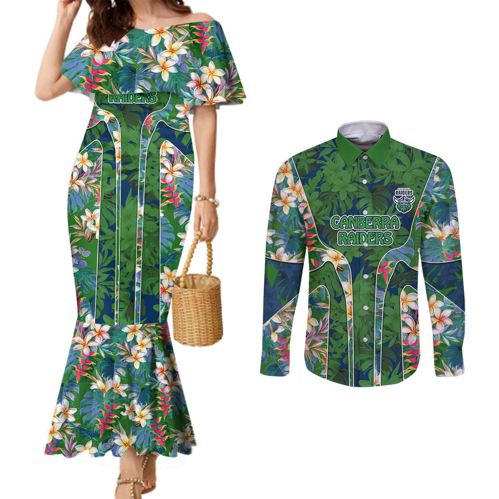 Canberra Raiders Couples Matching Mermaid Dress and Long Sleeve Button Shirt Tropical Hibiscus Floral Pattern With Green And Navy Accents
