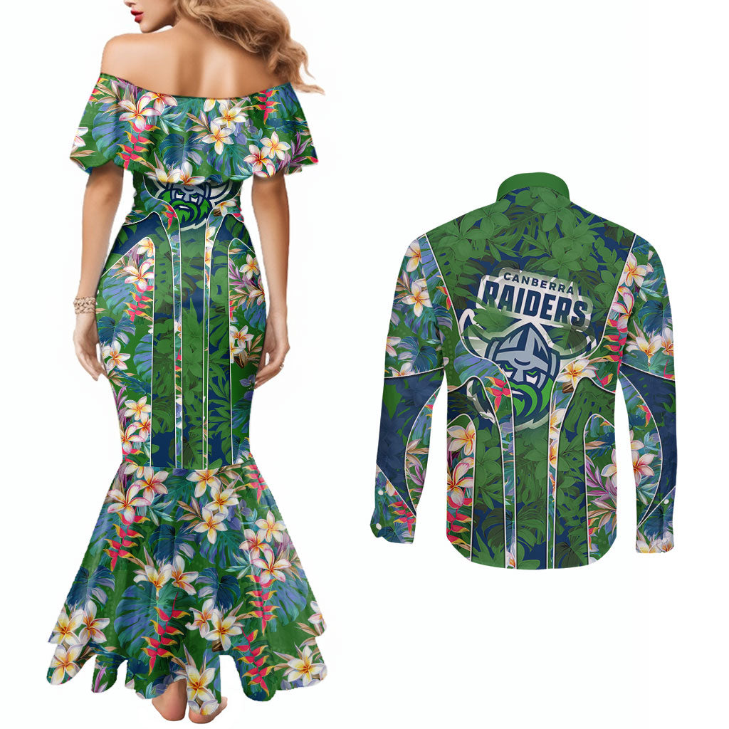 Canberra Raiders Couples Matching Mermaid Dress and Long Sleeve Button Shirt Tropical Hibiscus Floral Pattern With Green And Navy Accents
