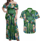 Canberra Raiders Couples Matching Off Shoulder Maxi Dress and Hawaiian Shirt Tropical Hibiscus Floral Pattern With Green And Navy Accents