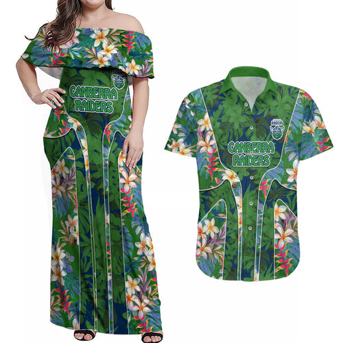 Canberra Raiders Couples Matching Off Shoulder Maxi Dress and Hawaiian Shirt Tropical Hibiscus Floral Pattern With Green And Navy Accents