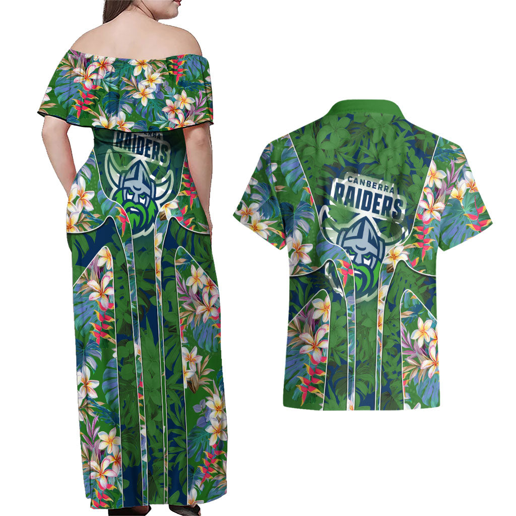Canberra Raiders Couples Matching Off Shoulder Maxi Dress and Hawaiian Shirt Tropical Hibiscus Floral Pattern With Green And Navy Accents