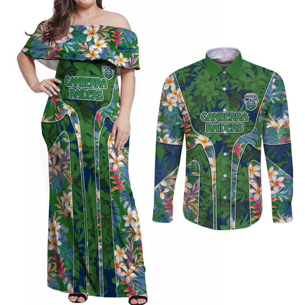 Canberra Raiders Couples Matching Off Shoulder Maxi Dress and Long Sleeve Button Shirt Tropical Hibiscus Floral Pattern With Green And Navy Accents