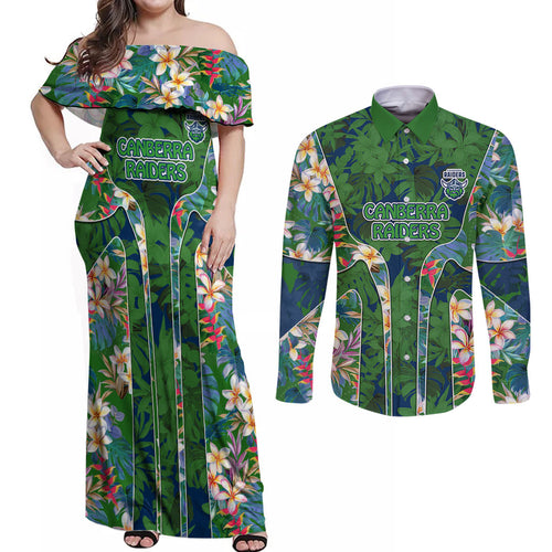 Canberra Raiders Couples Matching Off Shoulder Maxi Dress and Long Sleeve Button Shirt Tropical Hibiscus Floral Pattern With Green And Navy Accents
