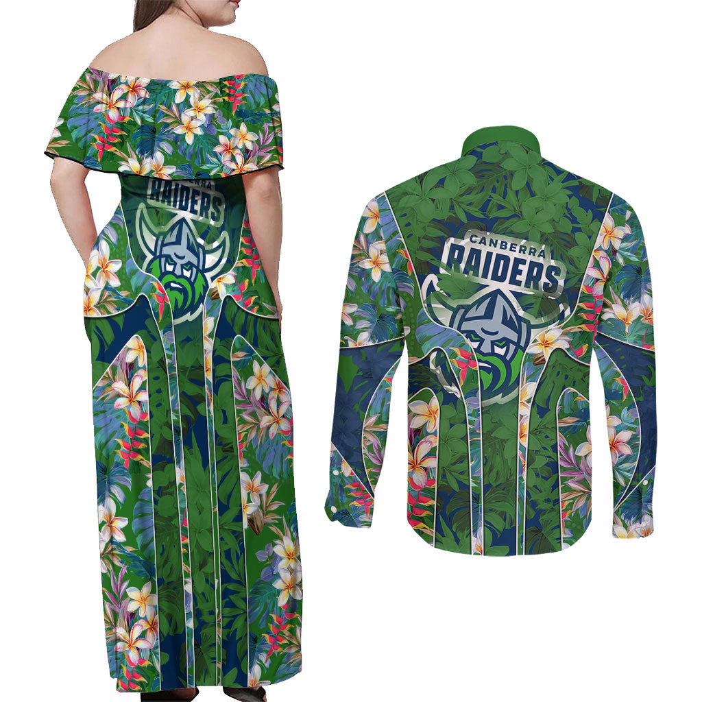 Canberra Raiders Couples Matching Off Shoulder Maxi Dress and Long Sleeve Button Shirt Tropical Hibiscus Floral Pattern With Green And Navy Accents