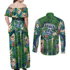 Canberra Raiders Couples Matching Off Shoulder Maxi Dress and Long Sleeve Button Shirt Tropical Hibiscus Floral Pattern With Green And Navy Accents