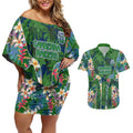Canberra Raiders Couples Matching Off Shoulder Short Dress and Hawaiian Shirt Tropical Hibiscus Floral Pattern With Green And Navy Accents