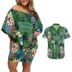 Canberra Raiders Couples Matching Off Shoulder Short Dress and Hawaiian Shirt Tropical Hibiscus Floral Pattern With Green And Navy Accents