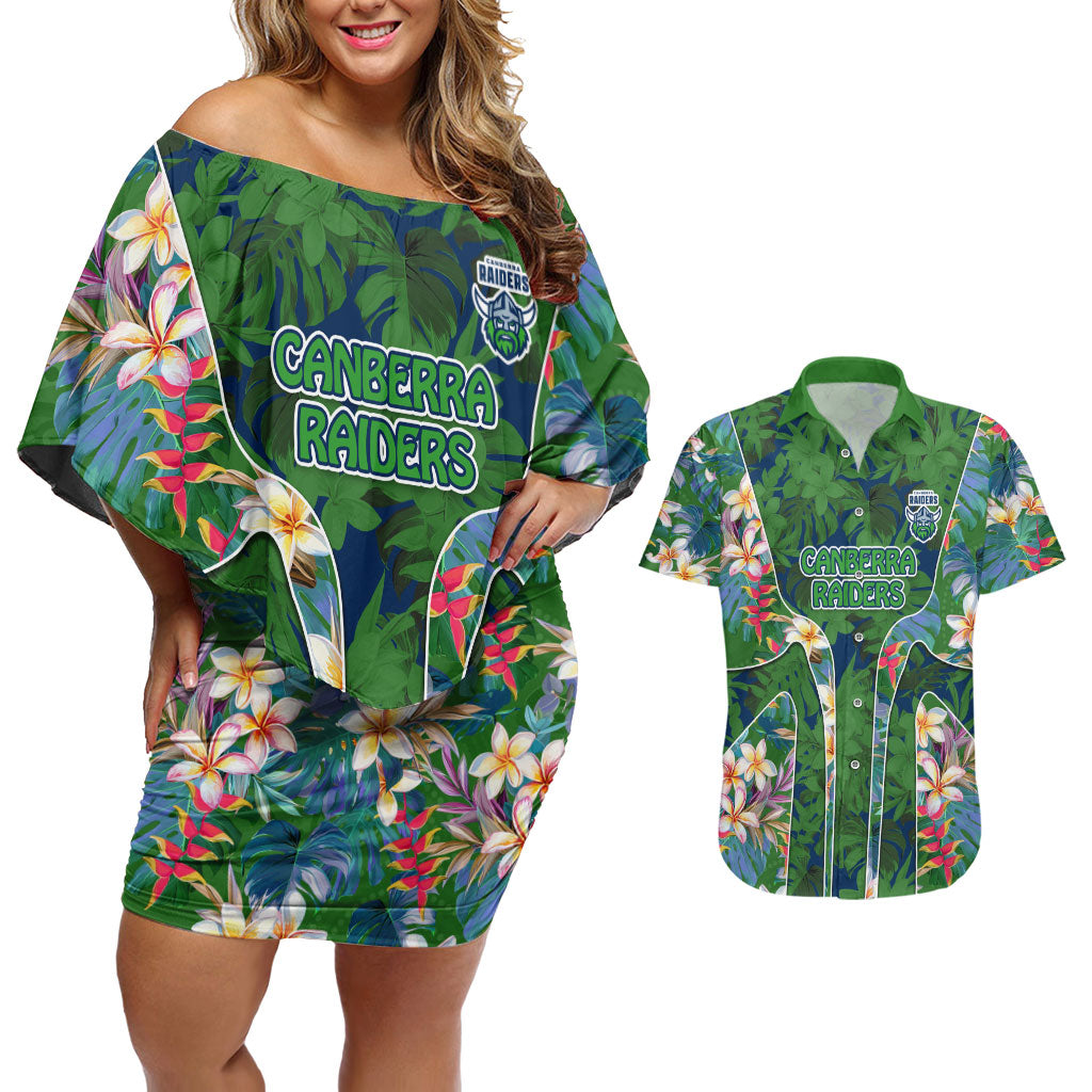 Canberra Raiders Couples Matching Off Shoulder Short Dress and Hawaiian Shirt Tropical Hibiscus Floral Pattern With Green And Navy Accents