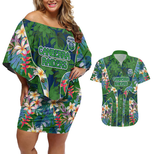 Canberra Raiders Couples Matching Off Shoulder Short Dress and Hawaiian Shirt Tropical Hibiscus Floral Pattern With Green And Navy Accents