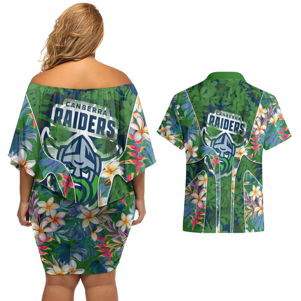 Canberra Raiders Couples Matching Off Shoulder Short Dress and Hawaiian Shirt Tropical Hibiscus Floral Pattern With Green And Navy Accents