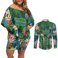 Canberra Raiders Couples Matching Off Shoulder Short Dress and Long Sleeve Button Shirt Tropical Hibiscus Floral Pattern With Green And Navy Accents