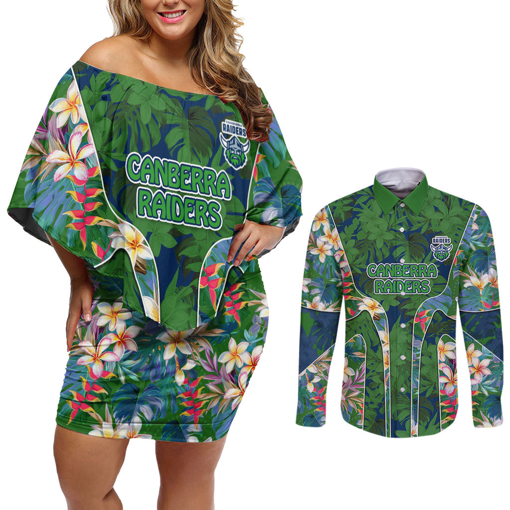 Canberra Raiders Couples Matching Off Shoulder Short Dress and Long Sleeve Button Shirt Tropical Hibiscus Floral Pattern With Green And Navy Accents