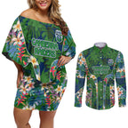 Canberra Raiders Couples Matching Off Shoulder Short Dress and Long Sleeve Button Shirt Tropical Hibiscus Floral Pattern With Green And Navy Accents