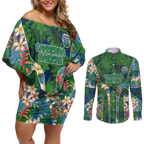 Canberra Raiders Couples Matching Off Shoulder Short Dress and Long Sleeve Button Shirt Tropical Hibiscus Floral Pattern With Green And Navy Accents