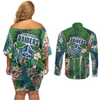 Canberra Raiders Couples Matching Off Shoulder Short Dress and Long Sleeve Button Shirt Tropical Hibiscus Floral Pattern With Green And Navy Accents