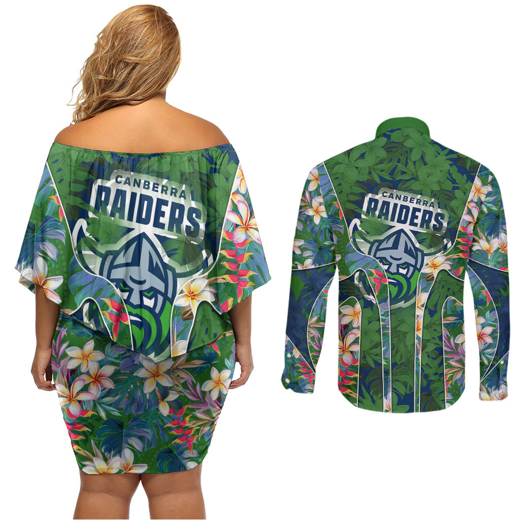 Canberra Raiders Couples Matching Off Shoulder Short Dress and Long Sleeve Button Shirt Tropical Hibiscus Floral Pattern With Green And Navy Accents