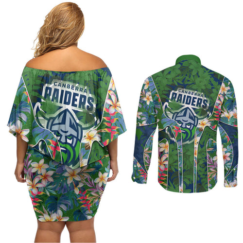 Canberra Raiders Couples Matching Off Shoulder Short Dress and Long Sleeve Button Shirt Tropical Hibiscus Floral Pattern With Green And Navy Accents
