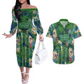 Canberra Raiders Couples Matching Off The Shoulder Long Sleeve Dress and Hawaiian Shirt Tropical Hibiscus Floral Pattern With Green And Navy Accents