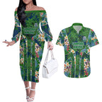 Canberra Raiders Couples Matching Off The Shoulder Long Sleeve Dress and Hawaiian Shirt Tropical Hibiscus Floral Pattern With Green And Navy Accents