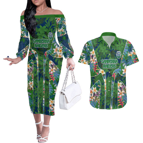Canberra Raiders Couples Matching Off The Shoulder Long Sleeve Dress and Hawaiian Shirt Tropical Hibiscus Floral Pattern With Green And Navy Accents